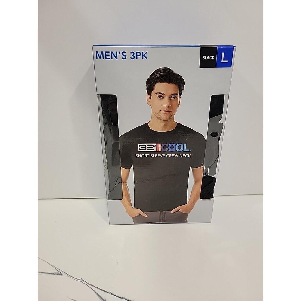 32 Degrees Cool Men's 3 Pack Short Sleeve Crew Neck Shirt, Black, Size L